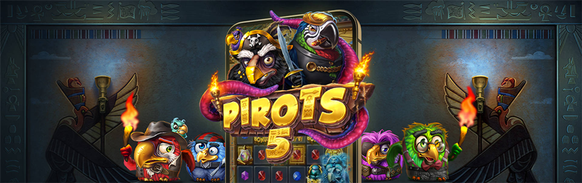 Speltitel PIROTS med tecknade fågelkaraktärer, inklusive pirater, mot en forntida egyptisk bak grund.